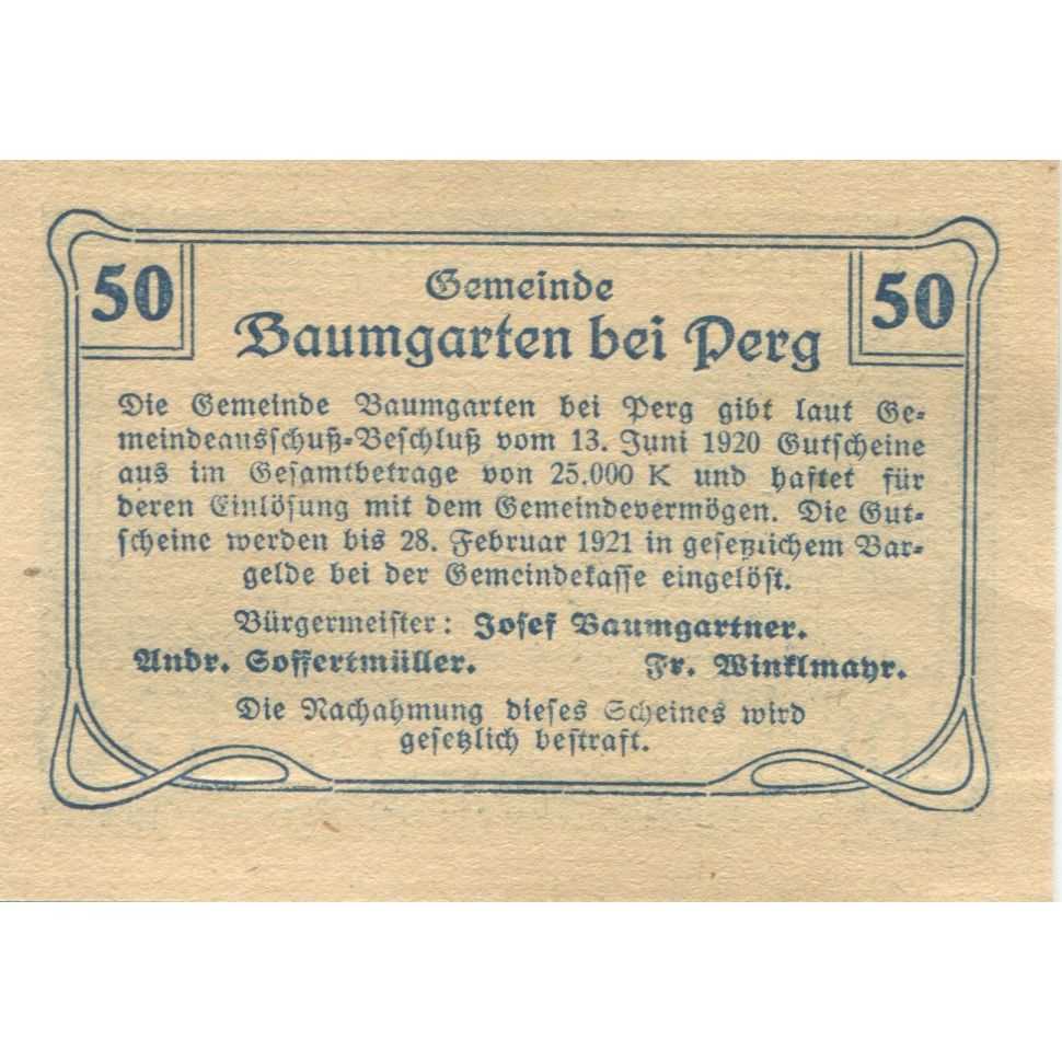 Banknote, Austria, Baumgarten, 50 Heller, château 1, 1921 UNC(63) Mehl:FS 78c