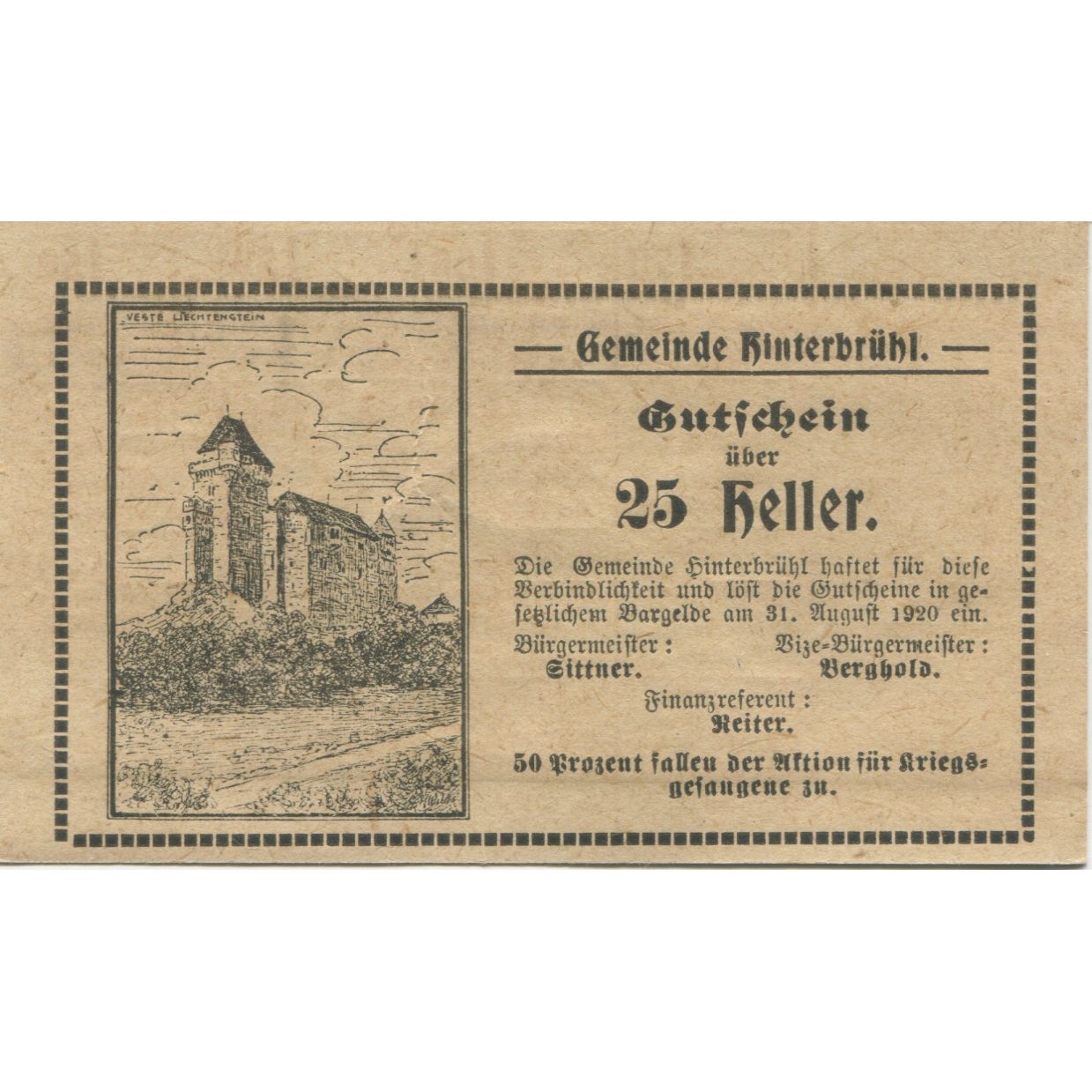 Nota, Áustria, Hinterbrühl, 25 Heller, château 1920 UNC(63) Mehl:FS 376IIId