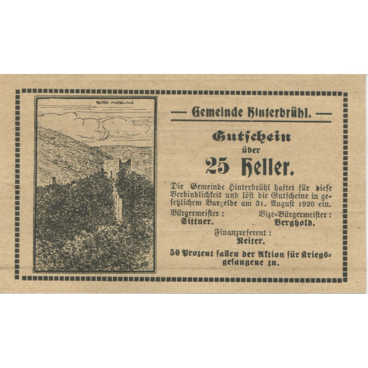 Geldschein, Österreich, Hinterbrühl, 25 Heller, ruine 1920 UNZ- Mehl:FS 376IIId
