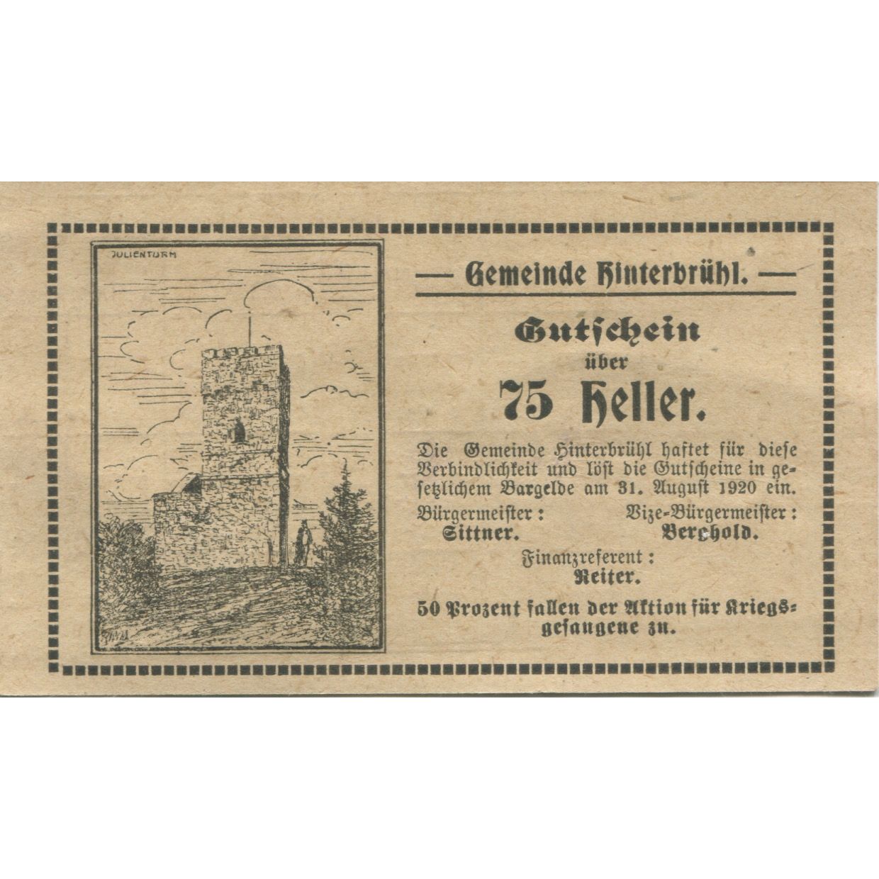 Banknote, Austria, Hinterbrühl, 75 Heller, tour, 1920 UNC(63) Mehl:FS 376IIId