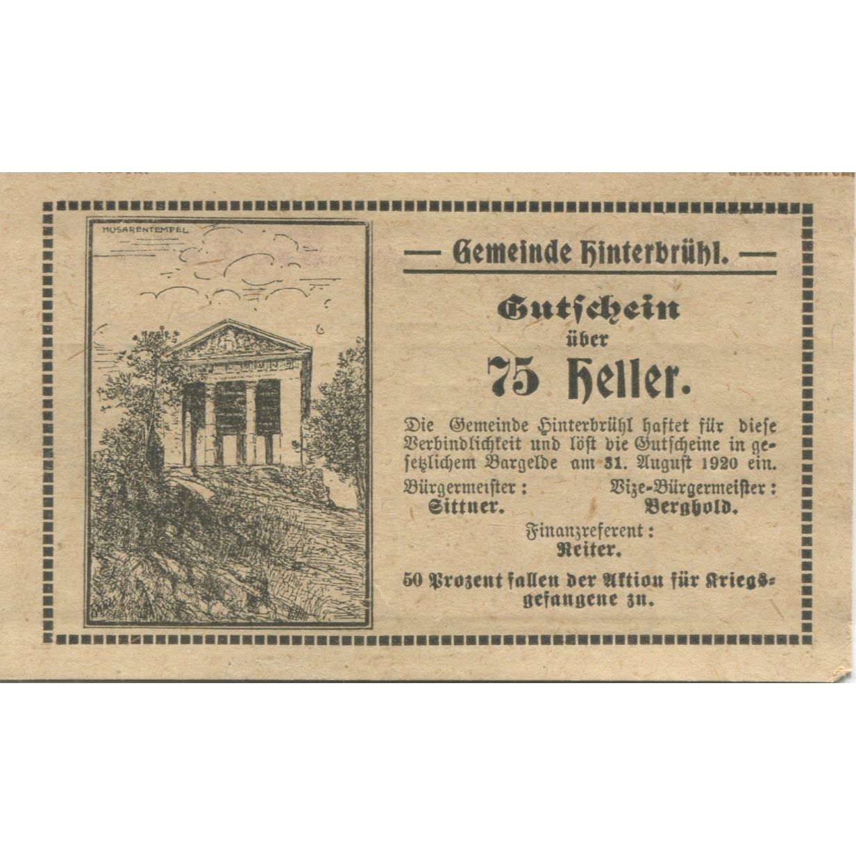 Geldschein, Österreich, Hinterbrühl 75 Heller Monument 1920 UNZ- Mehl:FS 376IIId