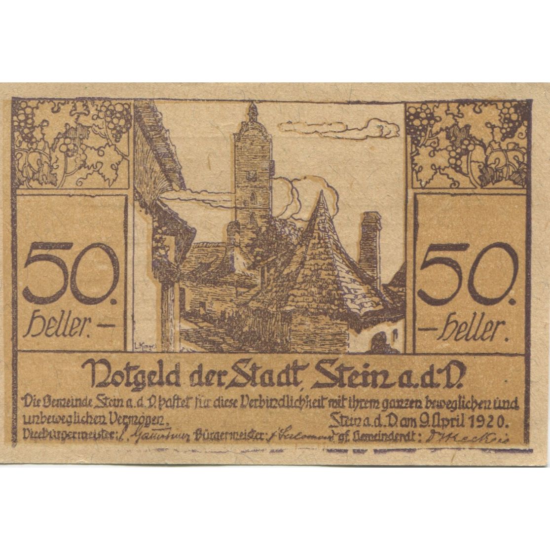 Nota, Áustria, Stein an der Donau, 50 Heller, ferme 1920 UNC(63) Mehl:FS 1015I.1