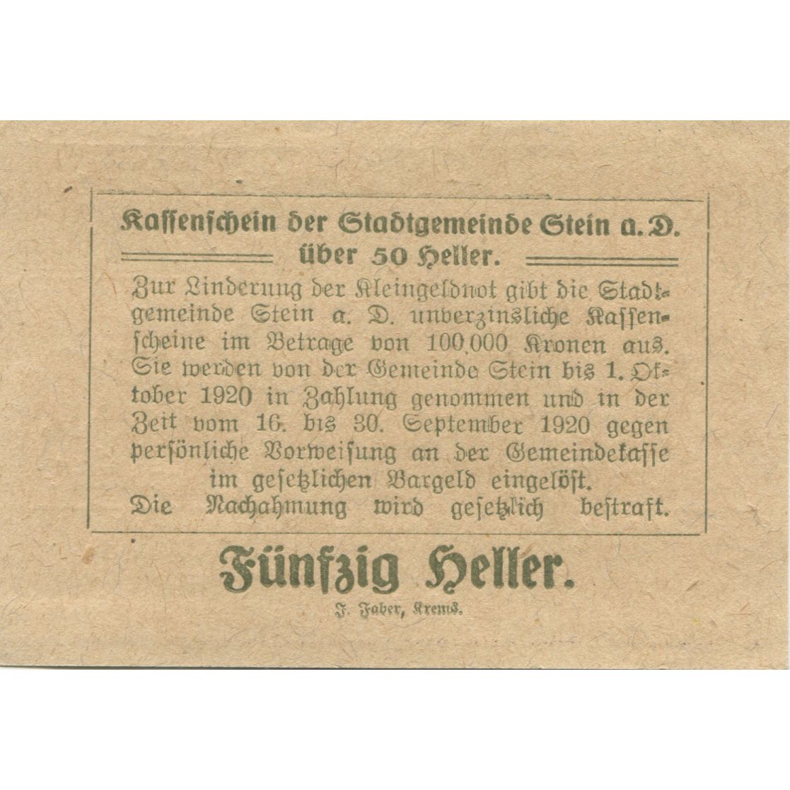 Nota, Áustria, Stein an der Donau, 50 Heller, ferme 1920 UNC(63) Mehl:FS 1015I.1