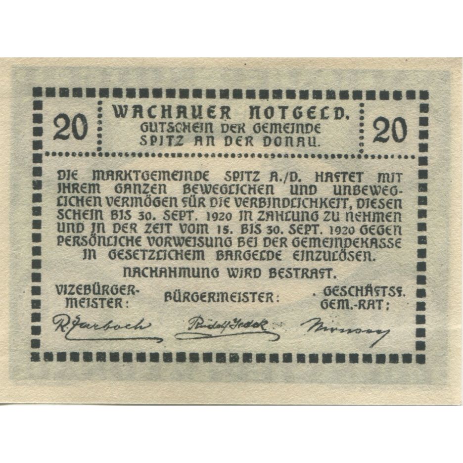 Billet, Autriche, Dürnstein, 20 Heller, paysage 1920-09-30, SPL Mehl:FS 1122