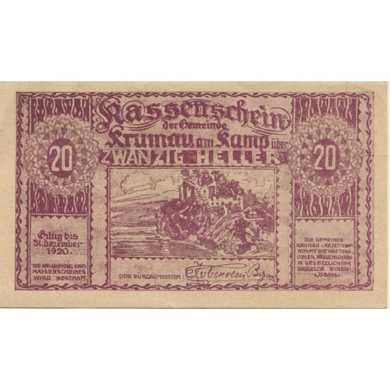 Banknote, Austria, Krumau am Kamp, 20 Heller, paysage, 1920 UNC(63) Mehl:FS 487a