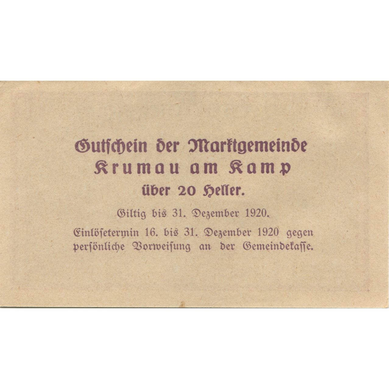 Banknote, Austria, Krumau am Kamp, 20 Heller, paysage, 1920 UNC(63) Mehl:FS 487a