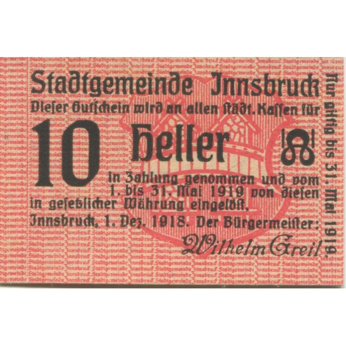 Banknote, Austria, Innsbruck, 10 Heller, Texte, 1919 UNC(63) Mehl:FS 409a