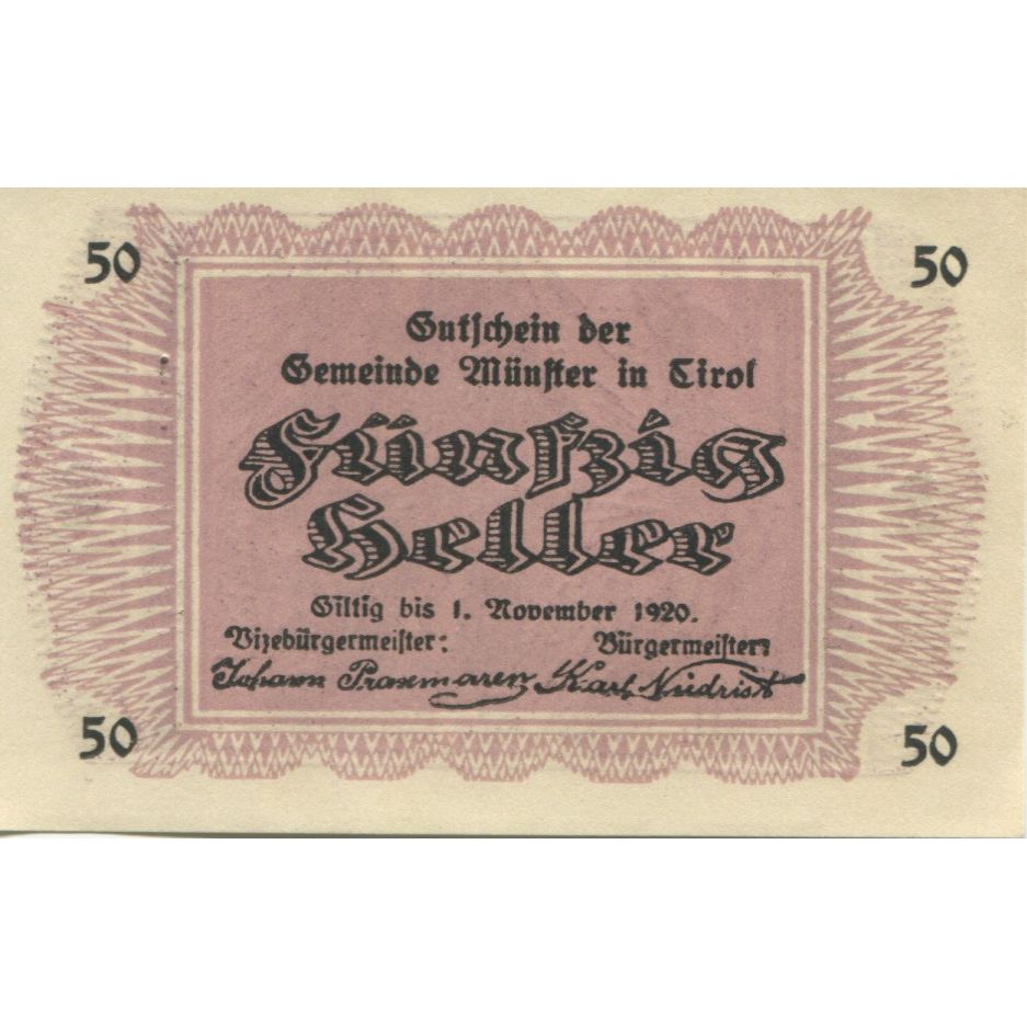Banknote, Austria, Munster, 50 Heller, paysage 1920-11-01, UNC(63) Mehl:FS 635a