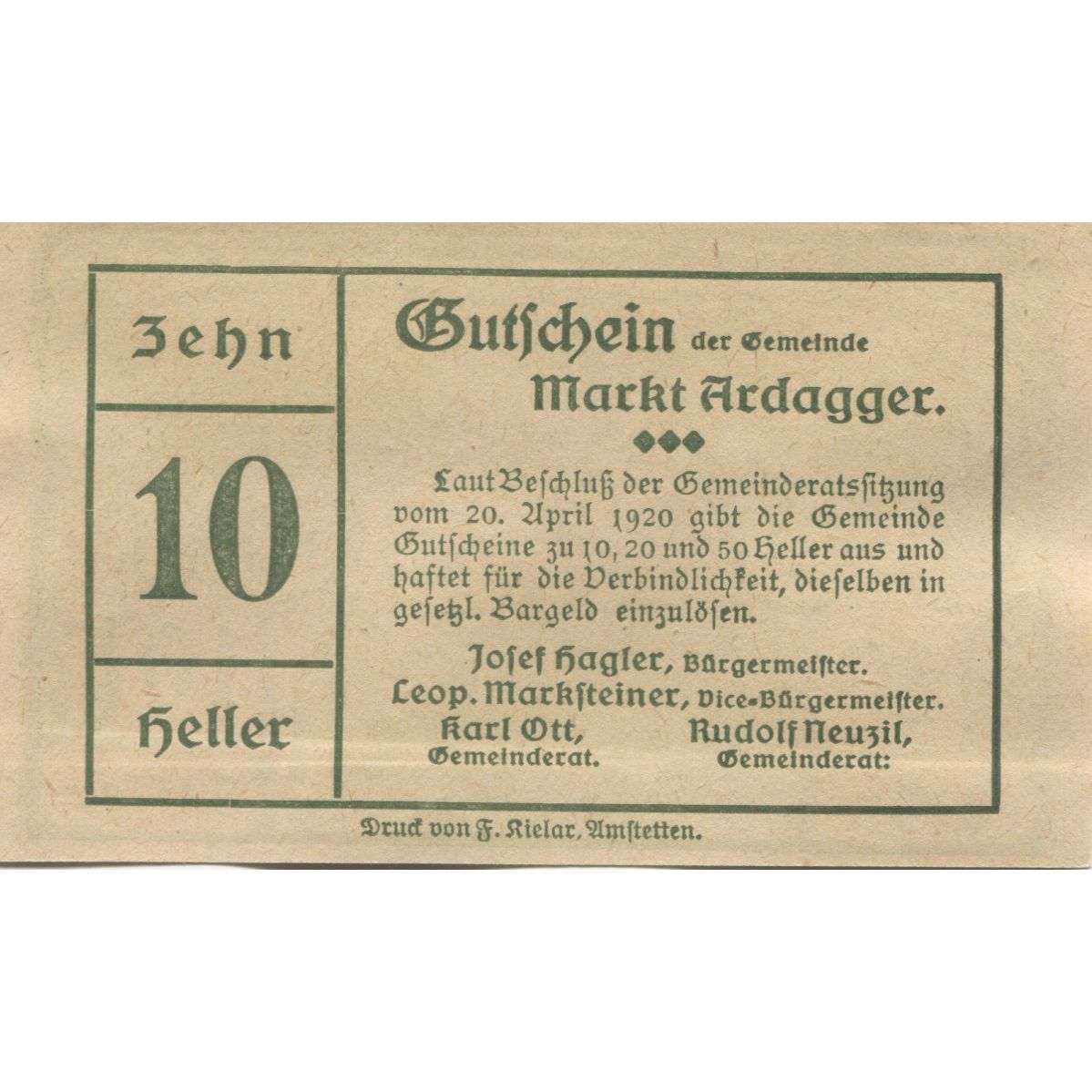 Geldschein, Österreich, Ardagger, 10 Heller, village, 1920 UNZ- Mehl:FS 50a