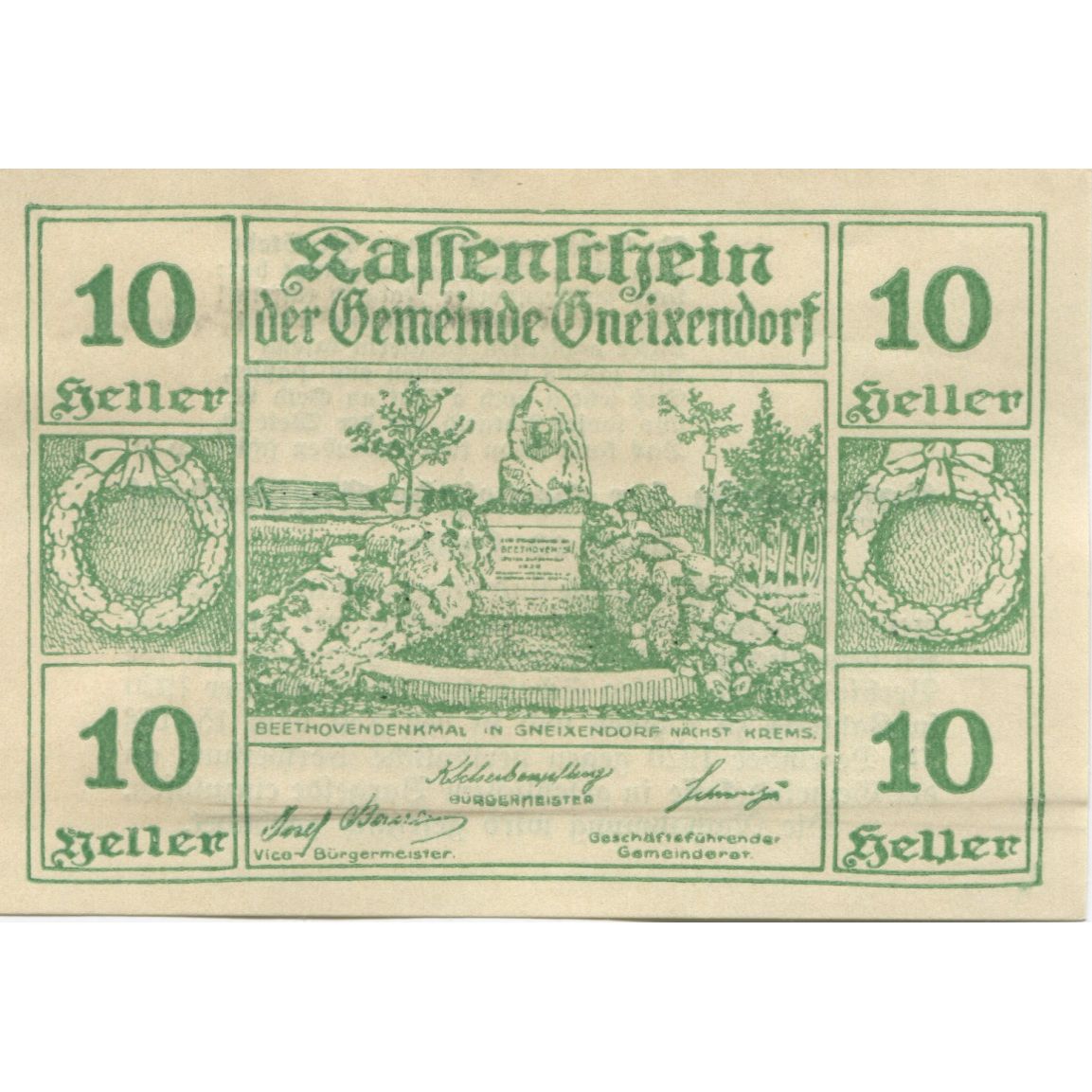 Geldschein, Österreich, Gneixendorf, 10 Heller Monument 1920 UNZ- Mehl:FS 241Ia3