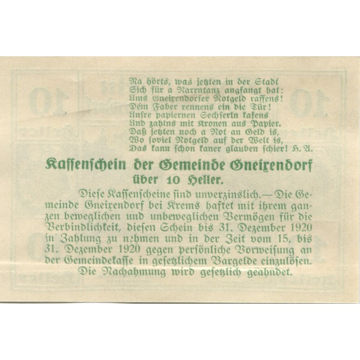 Geldschein, Österreich, Gneixendorf, 10 Heller Monument 1920 UNZ- Mehl:FS 241Ia3