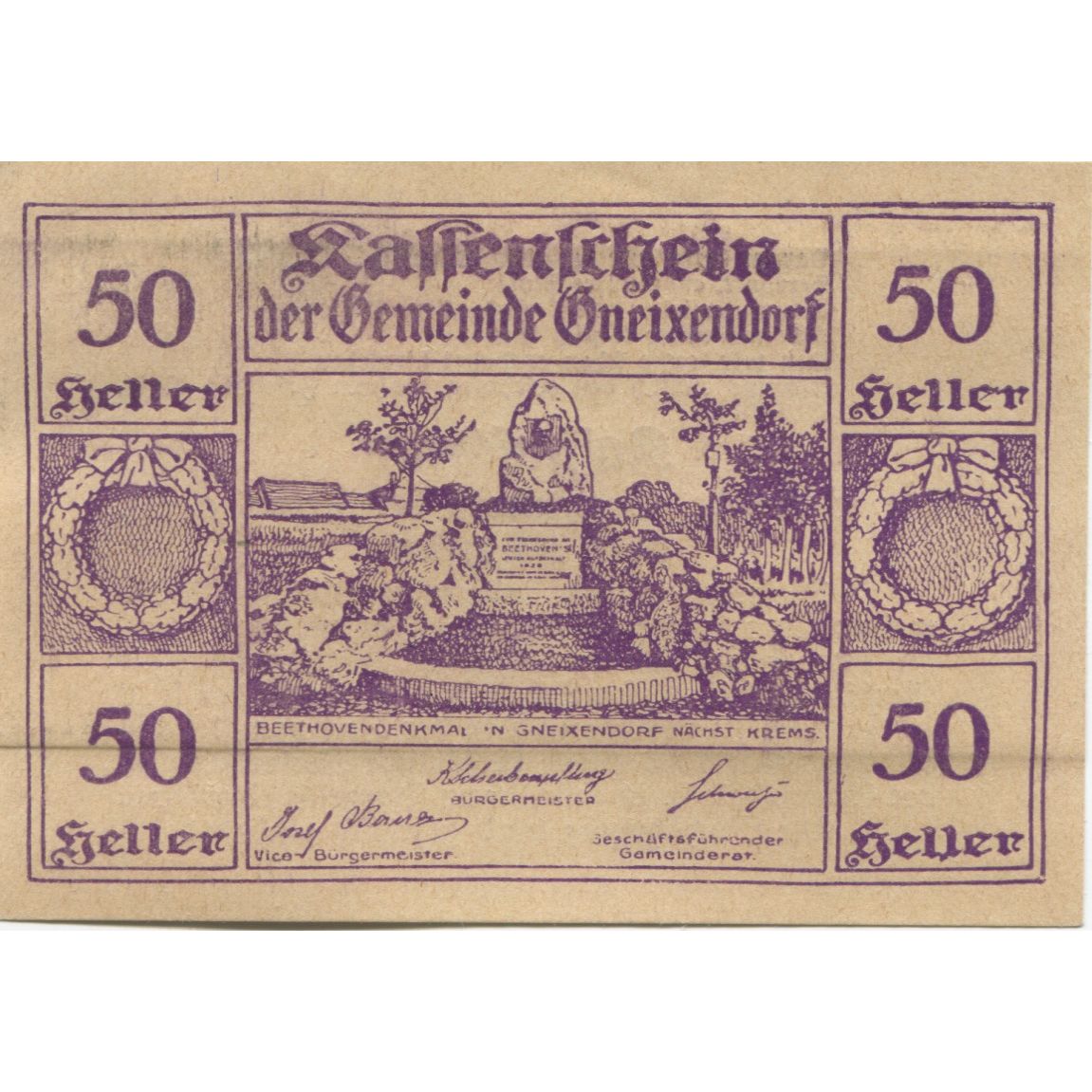 Banknote, Austria, Gneixendorf, 50 Heller, Monument, 1920 UNC(63) Mehl:FS 241Ia3