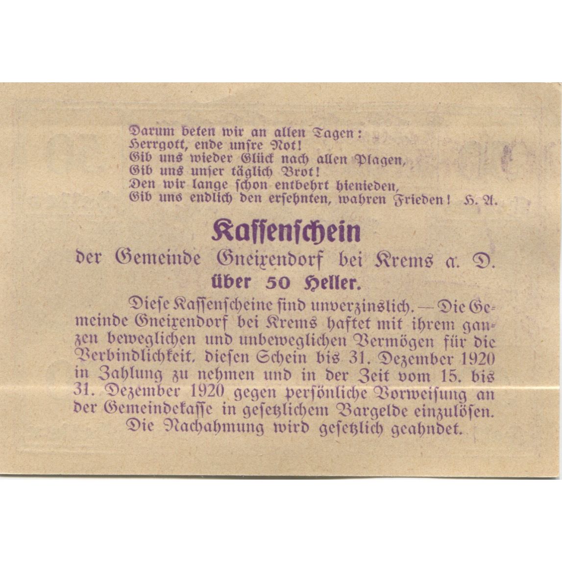 Banknote, Austria, Gneixendorf, 50 Heller, Monument, 1920 UNC(63) Mehl:FS 241Ia3
