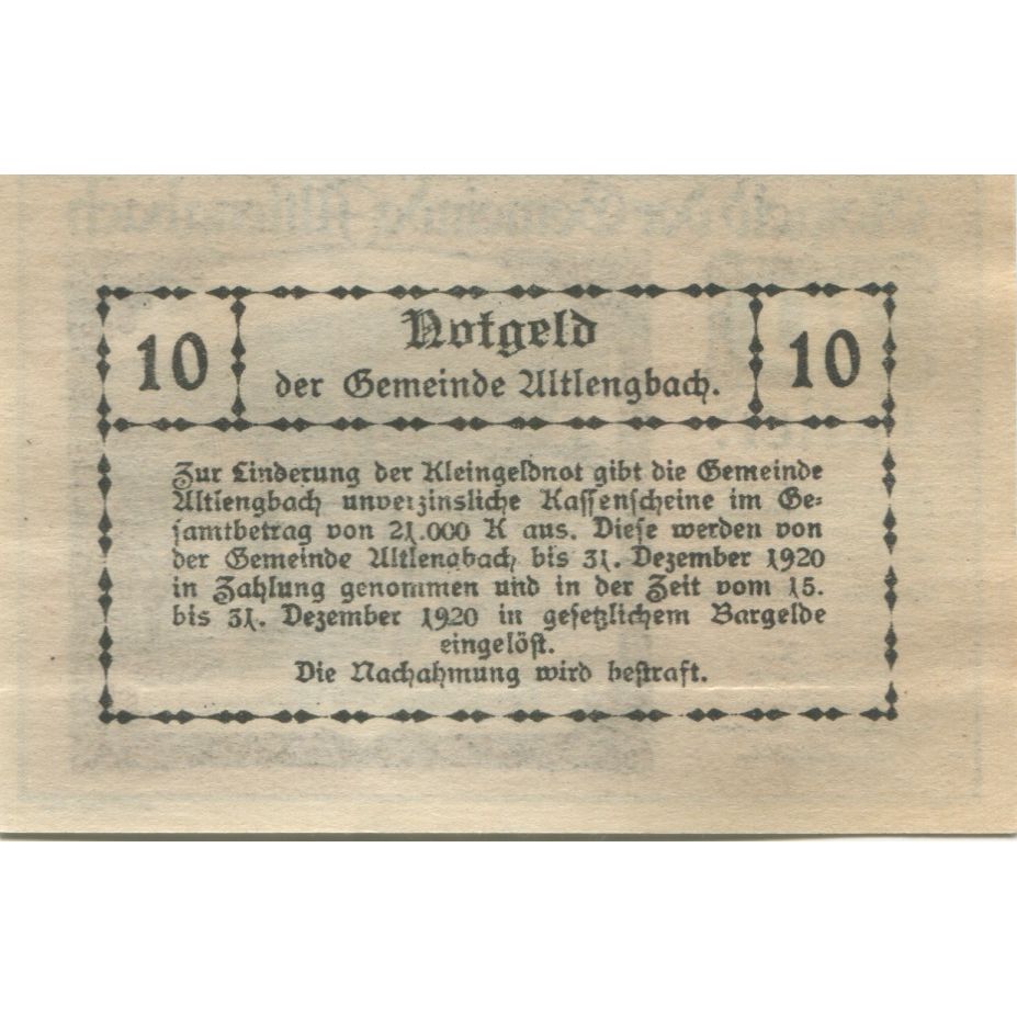 Geldschein, Österreich, Altlengbach, 10 Heller, village, 1920 UNZ- Mehl:FS 33a