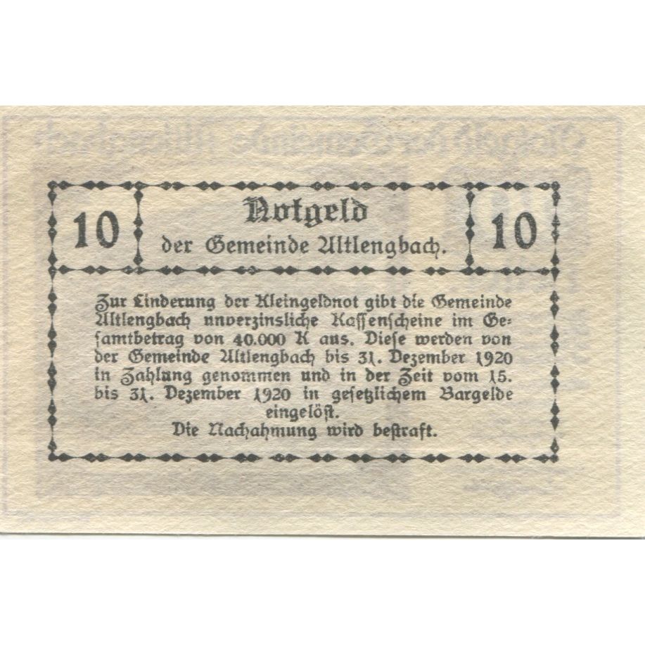 Nota, Áustria, Altlengbach, 10 Heller, Eglise 1920-12-31, UNC(63) Mehl:FS 33a