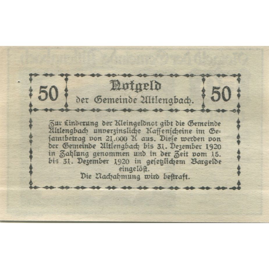 Banknote, Austria, Altlengbach, 50 Heller, montagne, 1920 UNC(63) Mehl:FS 33a