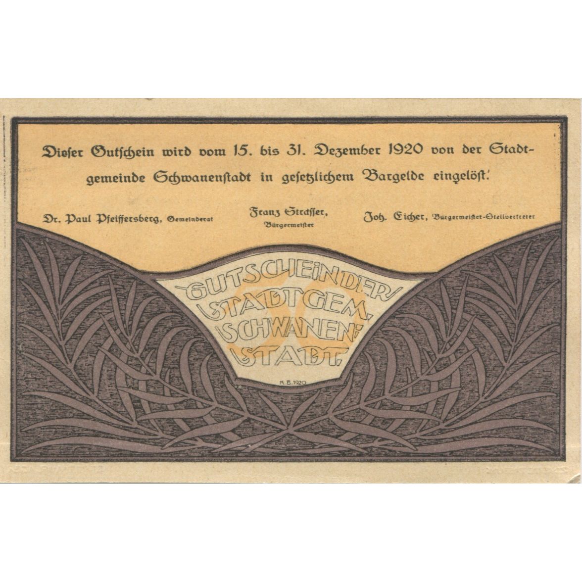 Banknote, Austria, Schwanenstadt 50 Heller, village, 1920 UNC(63) Mehl:FS 977IIa