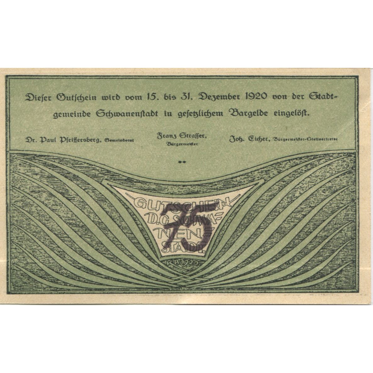 Banknote, Austria, Schwanenstadt, 75 Heller, paysage 1920 UNC(63) Mehl:FS 977IIa