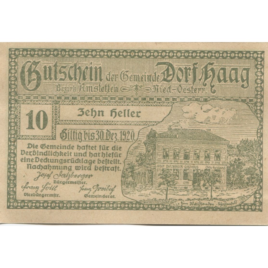 Geldschein, Österreich, Dorf Haag, 10 Heller, mairie 1920 UNZ- Mehl:FS 317a