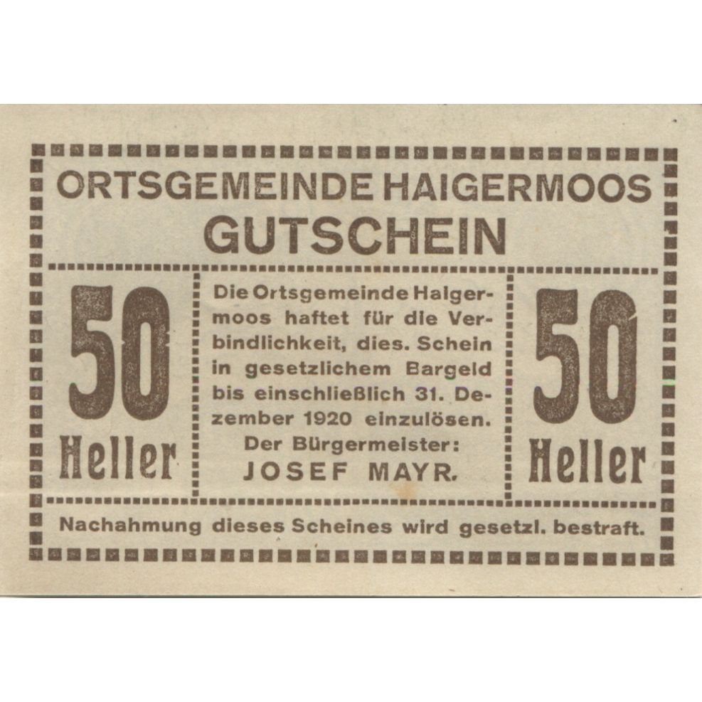 Geldschein, Österreich, Haigermoos, 50 Heller, village, 1920 UNZ- Mehl:FS 336