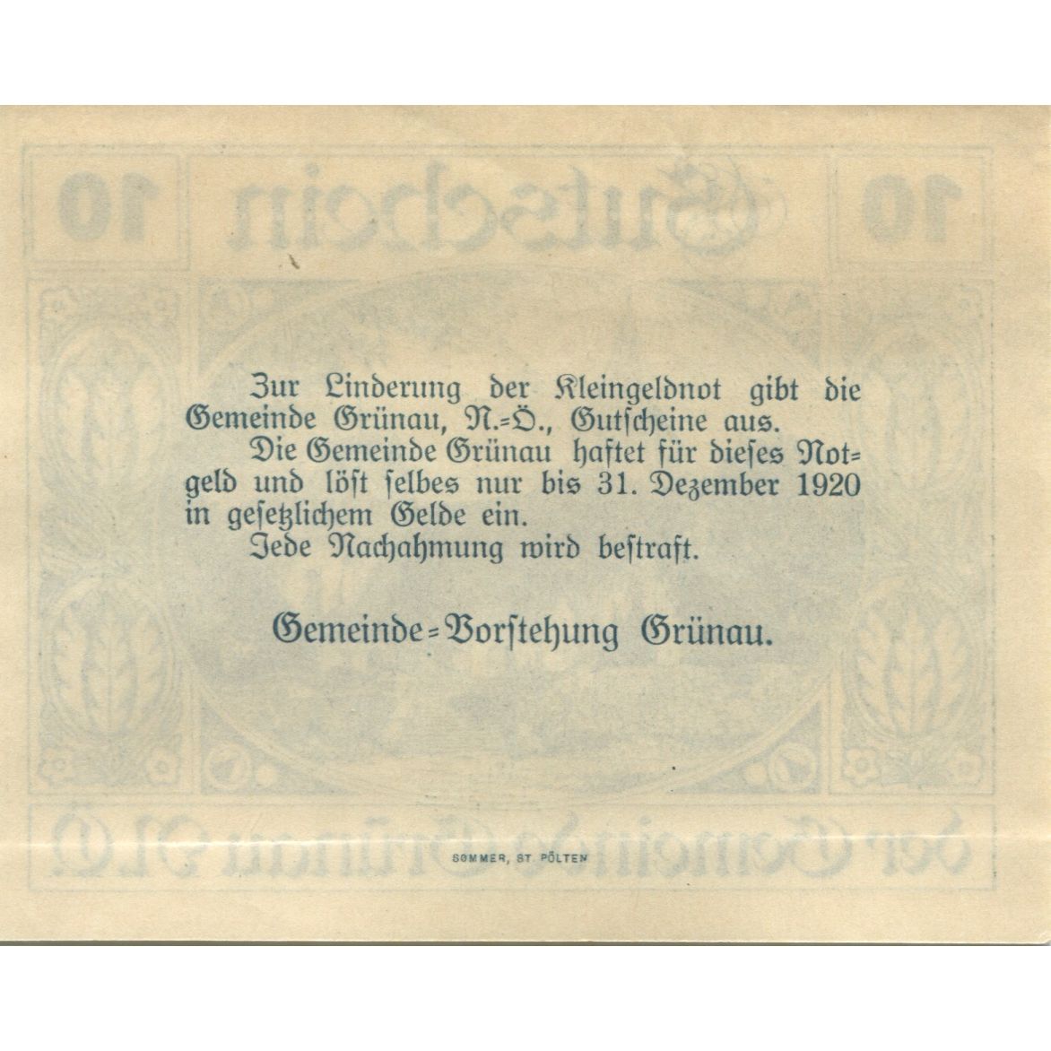 Banknote, Austria, Grünau, 10 Heller, Eglise, 1920 UNC(63) Mehl:FS 299