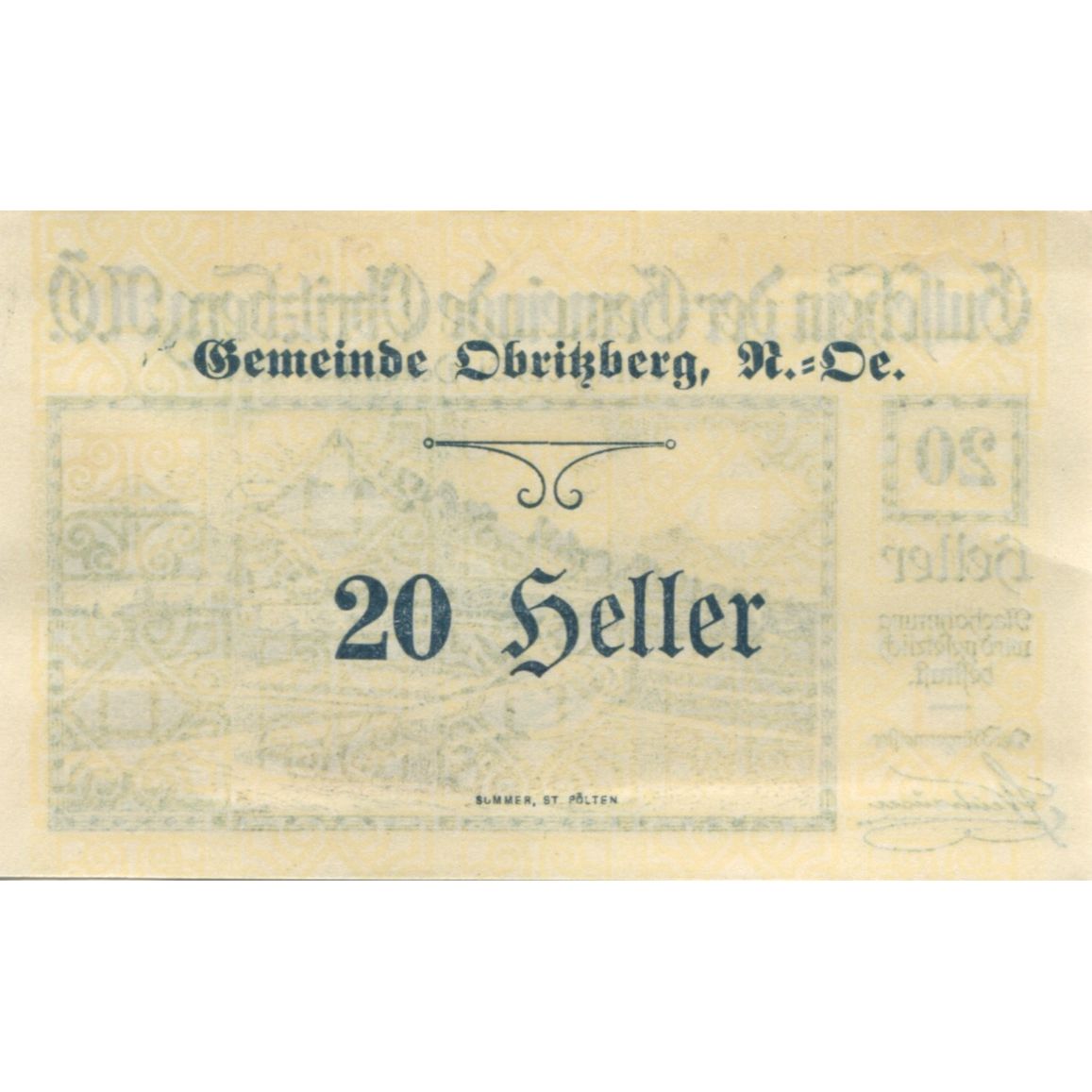 Banknote, Austria, Obritzberg, 20 Heller, paysage, 1920 UNC(63) Mehl:FS 701a