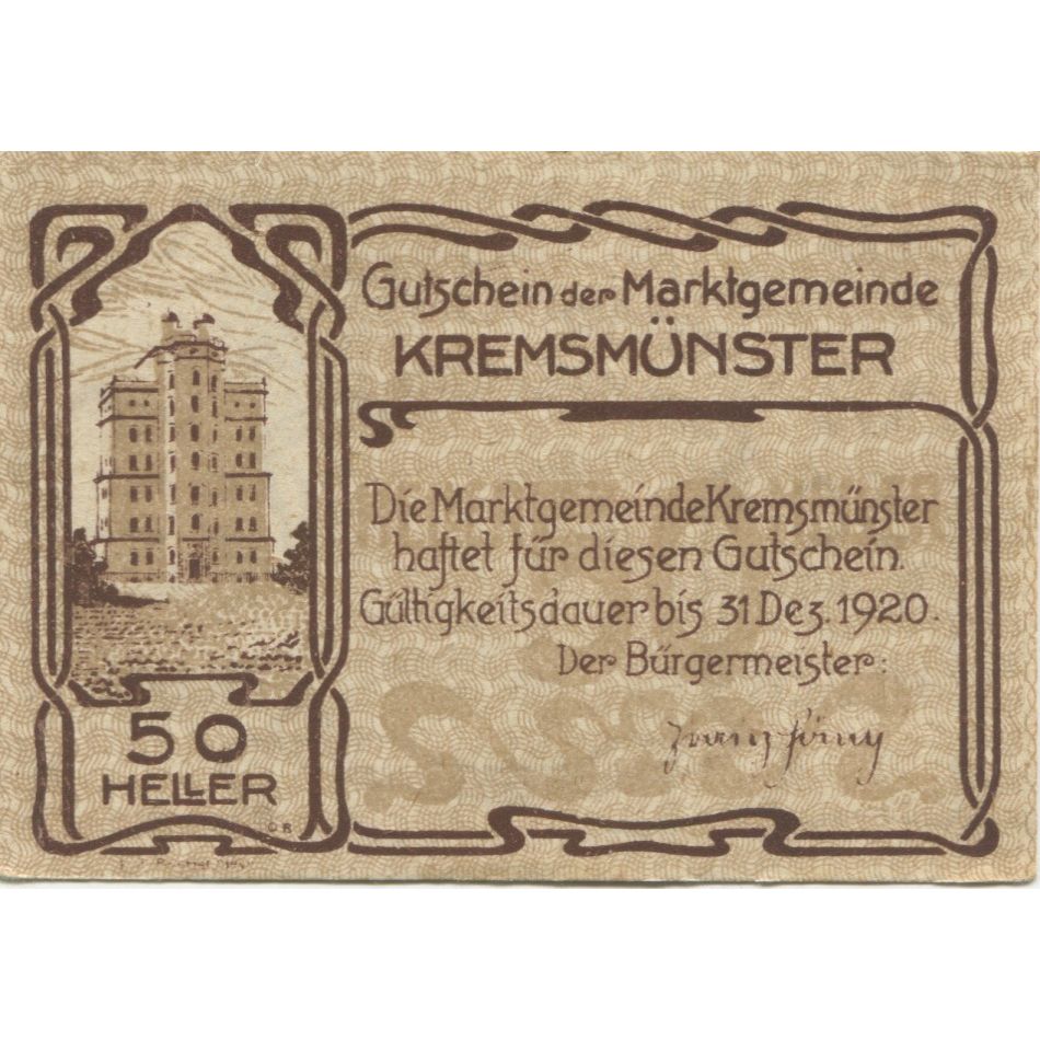 Banknote, Austria, Kremsmunster, 50 Heller, Bâtiment, 1920, UNC(63) Mehl:FS 476b