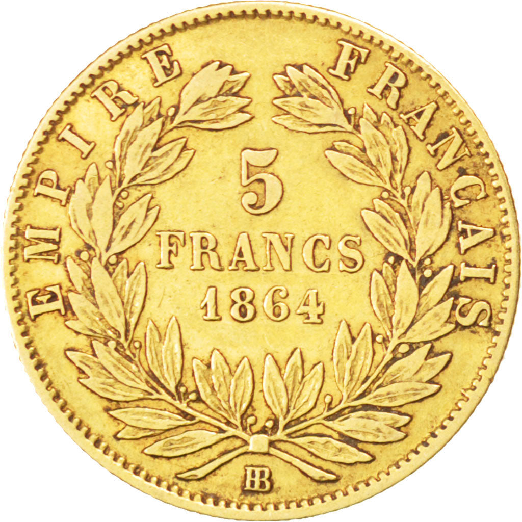 FRANCE, Napoléon III, 5 Francs, 1864, Strasbourg, KM #803.2, VF(30-35), Gold, G.