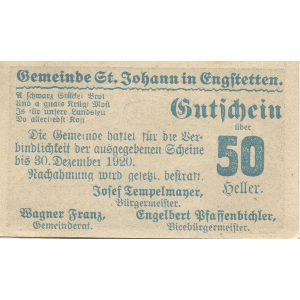 Banknote, Austria, St Johann, 50 Heller, village, 1920 UNC(63) Mehl:FS 897d