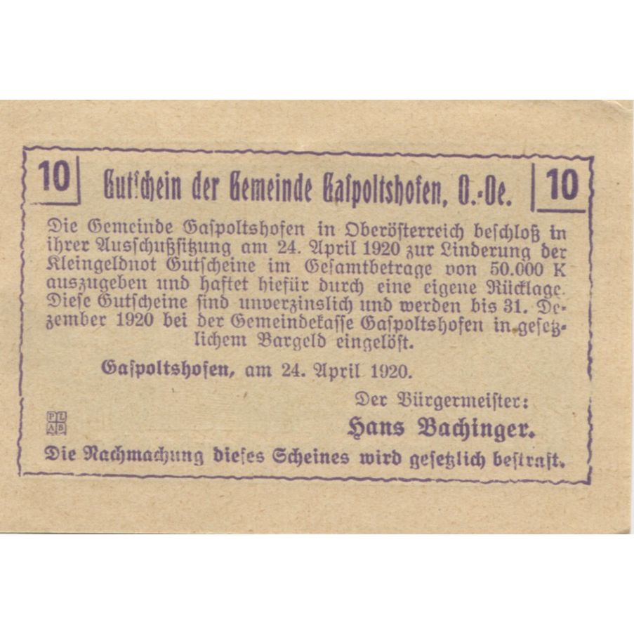 Banknote, Austria, Gaspoltshofen, 10 Heller, champs, 1920 UNC(63) Mehl:FS 225a2