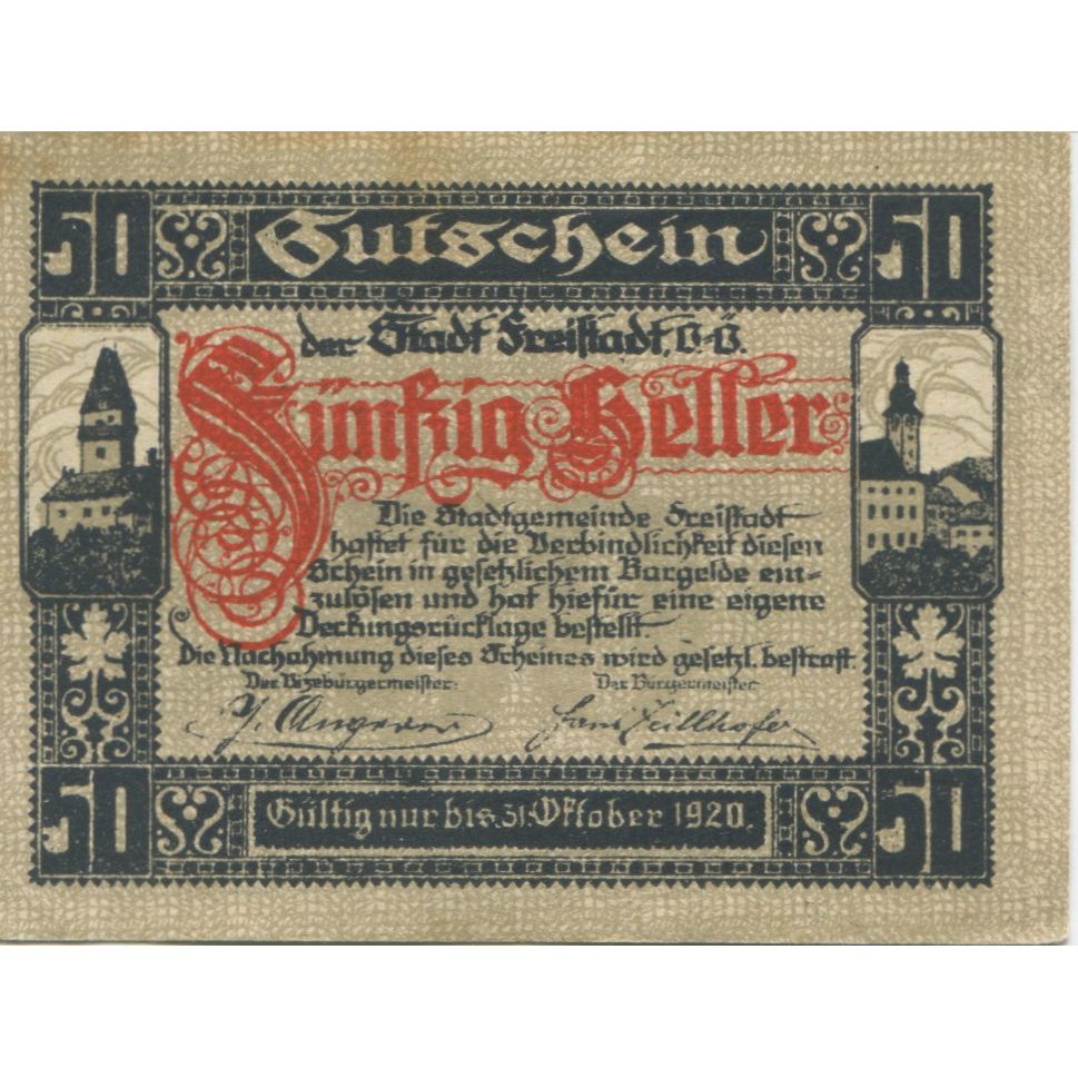 Geldschein, Österreich, Freistadt, 50 Heller, Eglise, 1920 UNZ- Mehl:FS 212a
