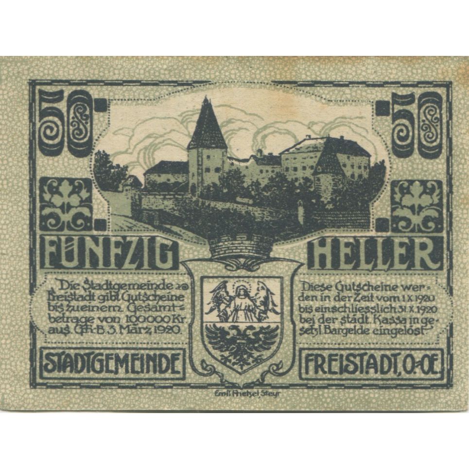 Geldschein, Österreich, Freistadt, 50 Heller, Eglise, 1920 UNZ- Mehl:FS 212a