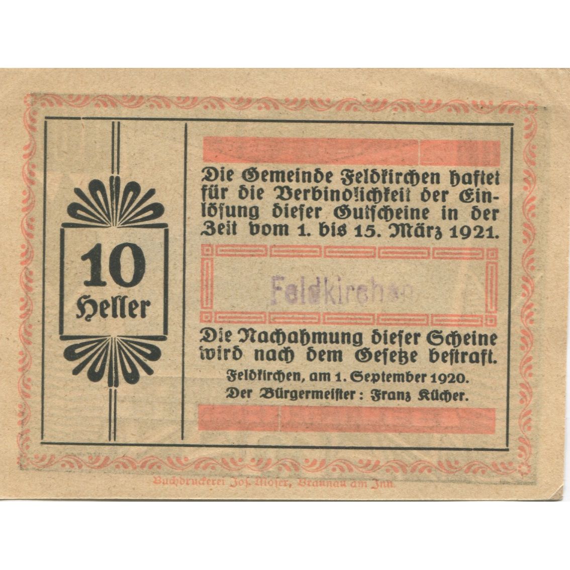Banknote, Austria, Feldkirchen, 10 Heller, château, 1921 UNC(63) Mehl:FS 196a