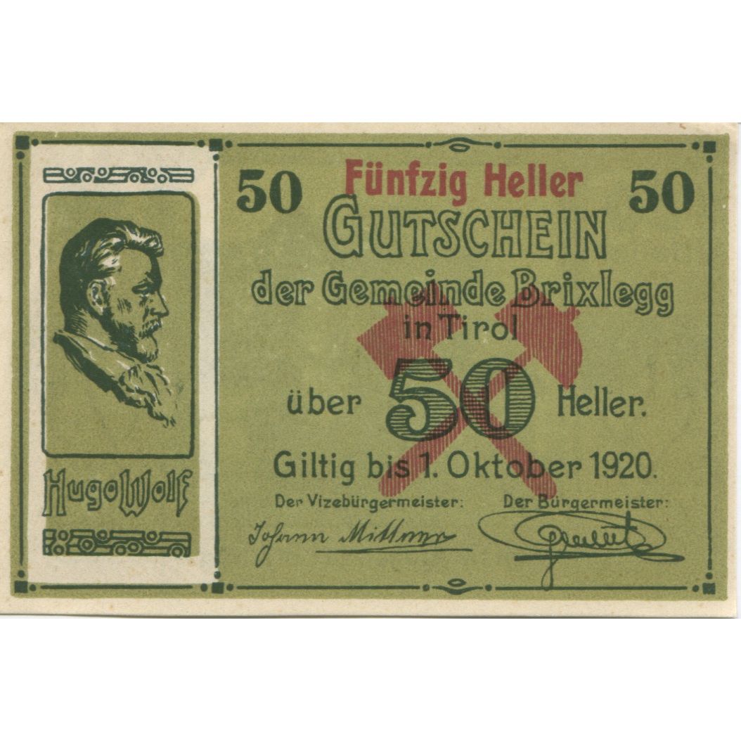 Geldschein, Österreich, Brixlegg, 50 Heller, portrait 1920 UNZ- Mehl:FS 104c