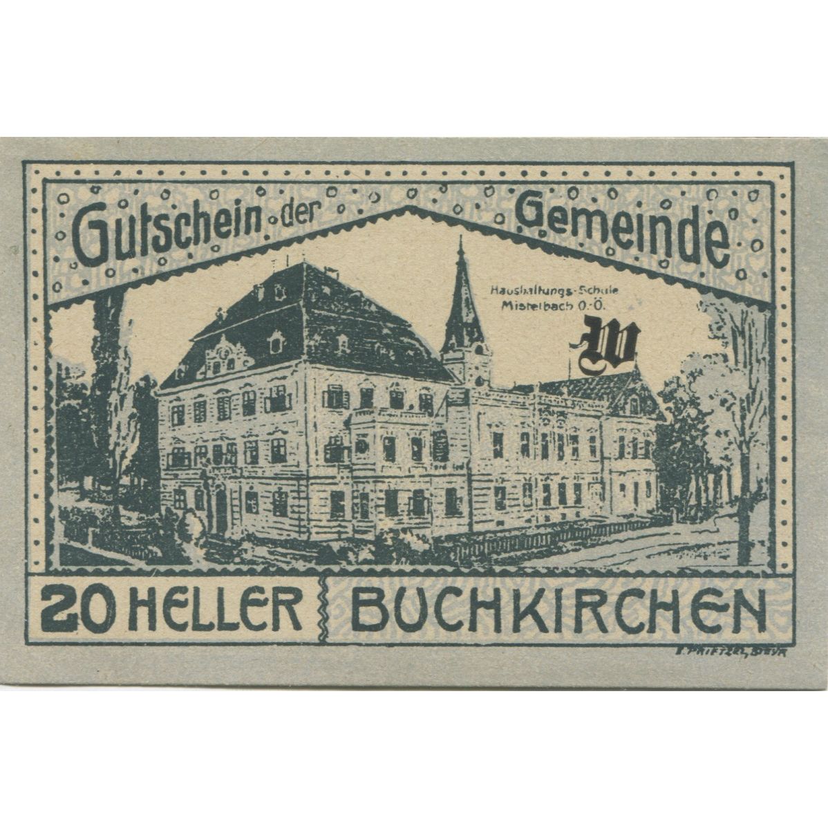 Nota, Áustria, Buchkirchen, 20 Heller, Bâtiment 1920-10-31, UNC(63) Mehl:FS 114a