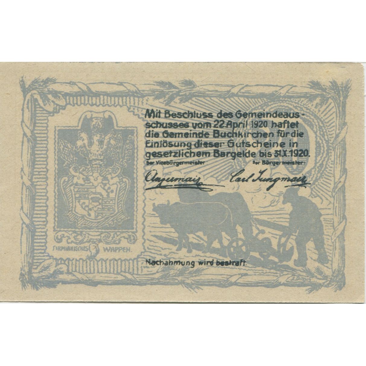 Nota, Áustria, Buchkirchen, 20 Heller, Bâtiment 1920-10-31, UNC(63) Mehl:FS 114a