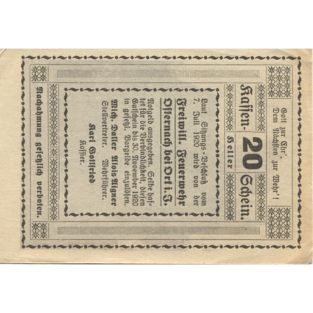 Banknote, Austria, Osternach, 20 Heller, Eglise, 1920 UNC(63) Mehl:FS 714