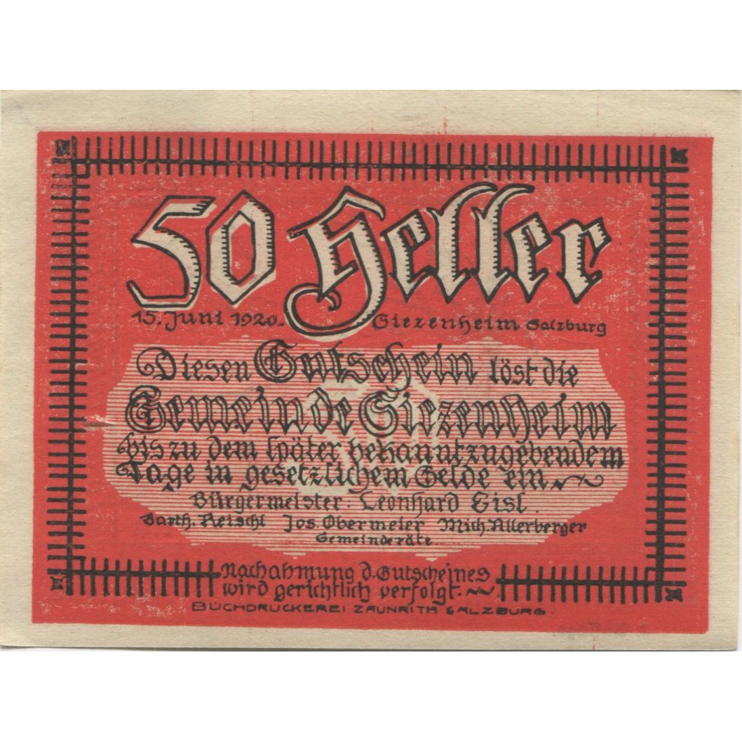 Banknote, Austria, Siezenheim, 50 Heller, paysage, 1920, UNC(63), Mehl:FS 996b