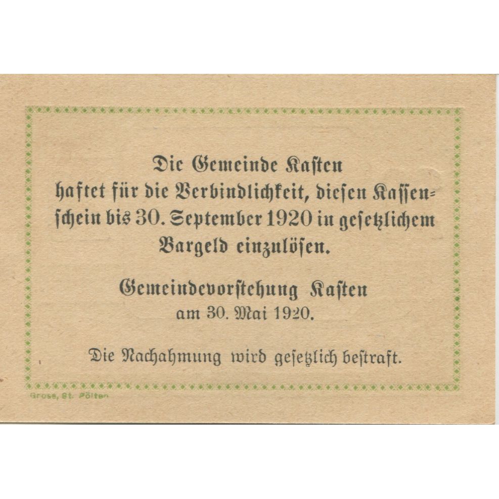 Geldschein, Österreich, Kasten, 20 Heller, Eglise 1920-12-31, UNZ- Mehl:FS 428c