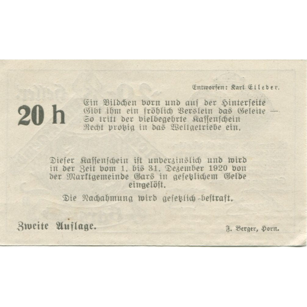 Banconote, Austria, Gars am Kamp, 20 Heller, Forêt 1920-12-31, SPL Mehl:FS 222a