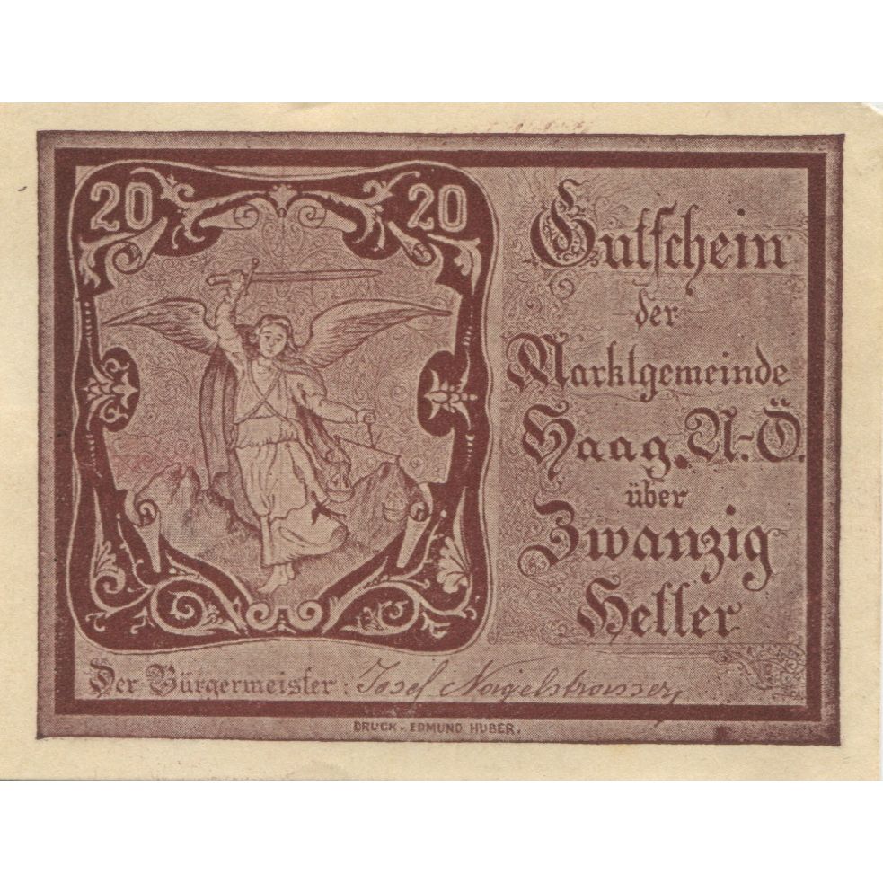 Biljet, Oostenrijk, Haag, 20 Heller, personnage 1920-12-31, SUP, Mehl:FS 318VIb