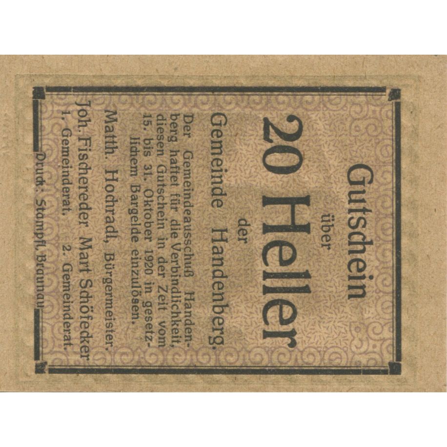 Geldschein, Österreich, Handenberg, 20 Heller, village, 1920 UNZ- Mehl:FS 347a