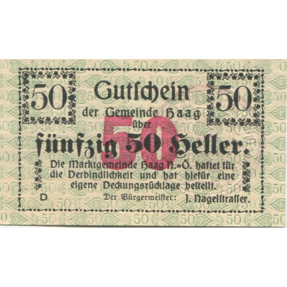 Banconote, Austria, Haag, 50 Heller, Texte 1920-12-31, SPL Mehl:FS 318VIb
