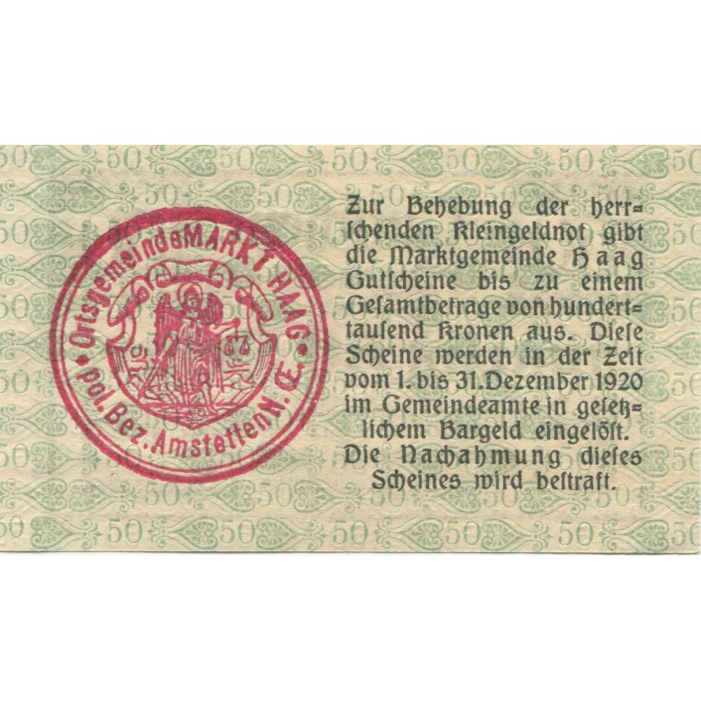 Banconote, Austria, Haag, 50 Heller, Texte 1920-12-31, SPL Mehl:FS 318VIb
