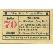 Nota, Áustria, Haag, 70 Heller, Blason 1920-12-31, UNC(63) Mehl:FS 318VIb