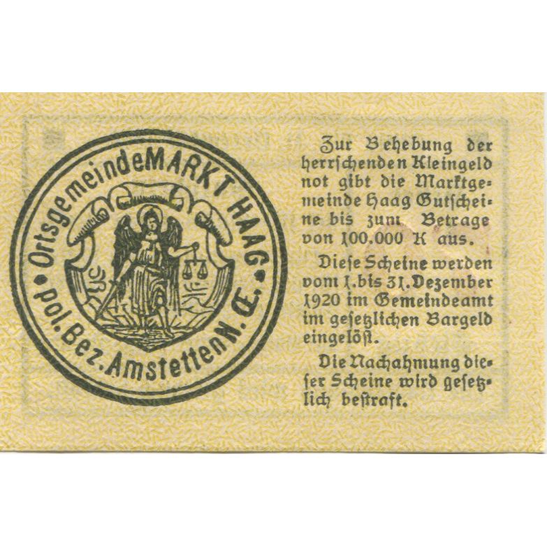 Nota, Áustria, Haag, 70 Heller, Blason 1920-12-31, UNC(63) Mehl:FS 318VIb