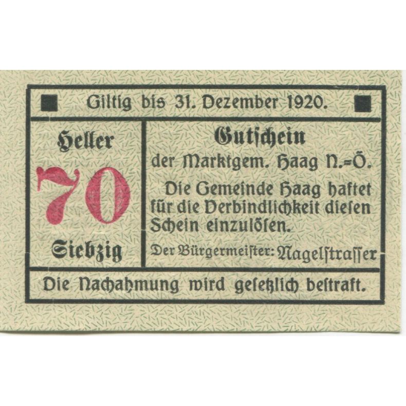Geldschein, Österreich, Haag, 70 Heller, Texte 1920-12-31, UNZ-, Mehl:FS 318VIb