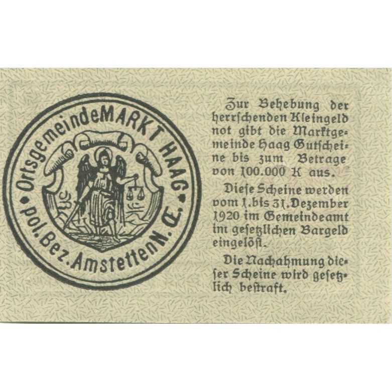 Geldschein, Österreich, Haag, 70 Heller, Texte 1920-12-31, UNZ-, Mehl:FS 318VIb