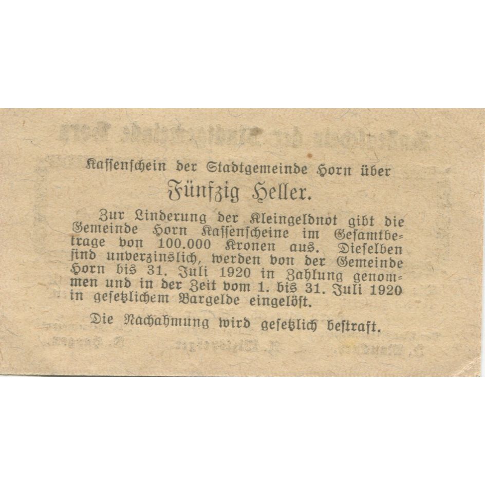 Geldschein, Österreich, Horn, 50 Heller, Texte 1920-07-31 UNZ-, Mehl:FS 397I
