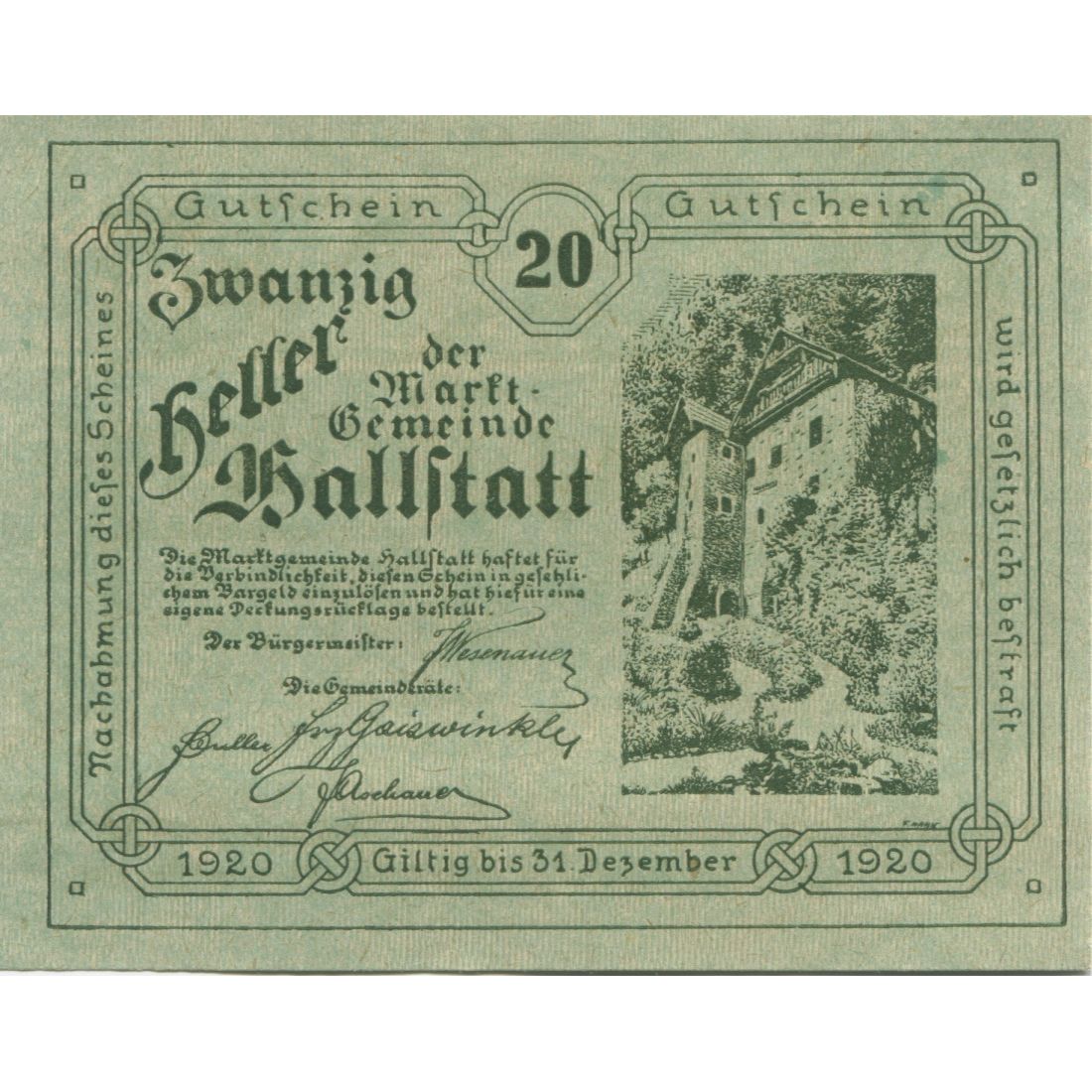 Geldschein, Österreich, Hallstatt, 20 Heller, château 1920 UNZ- Mehl:FS 345